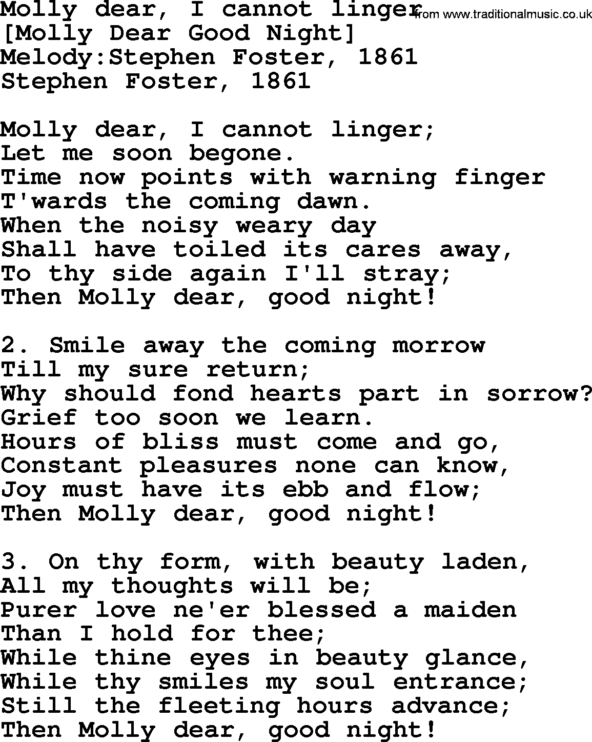 Old American Song: Molly Dear, I Cannot Linger, lyrics