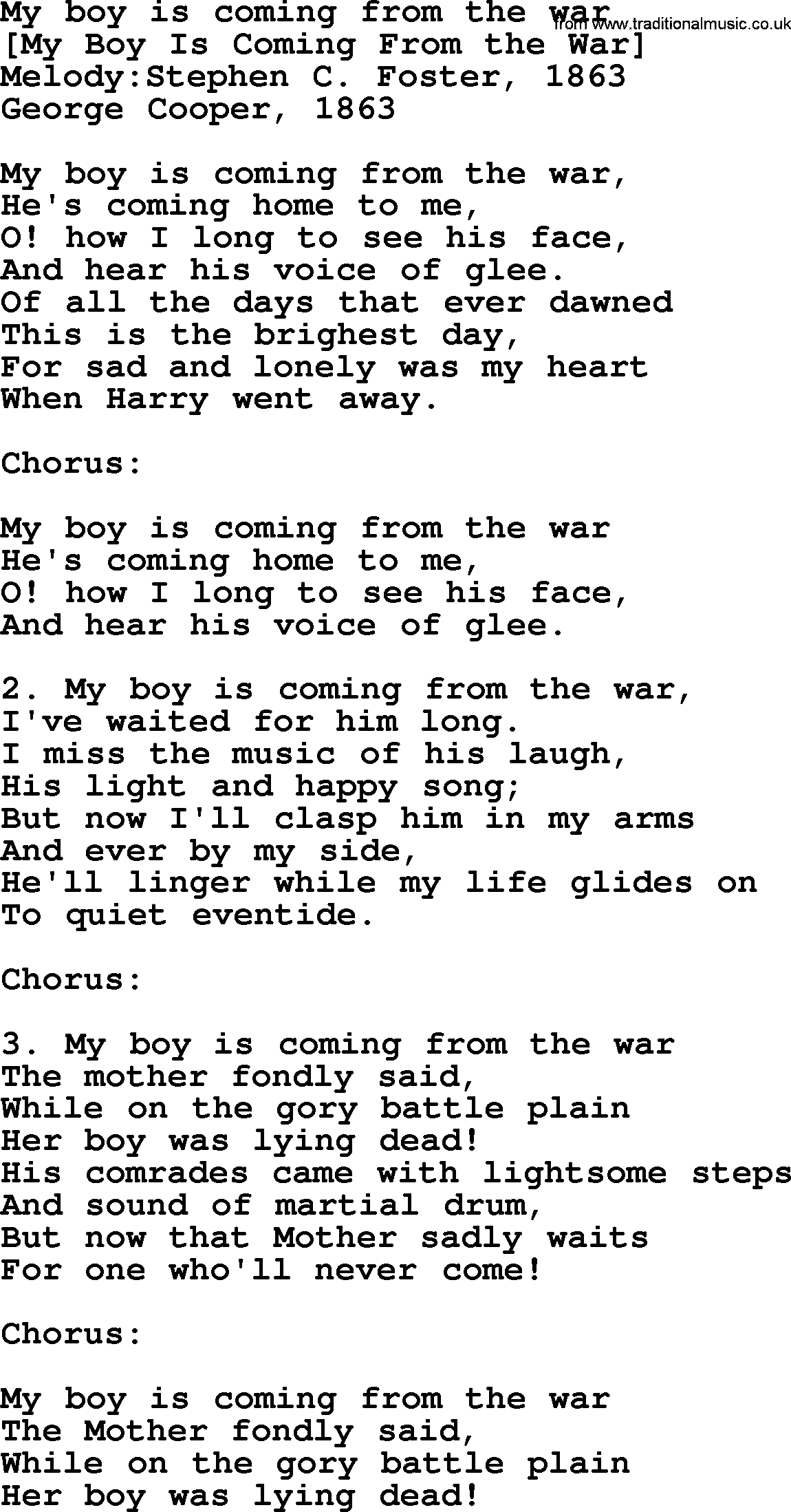 Old American Song: My Boy Is Coming From The War, lyrics