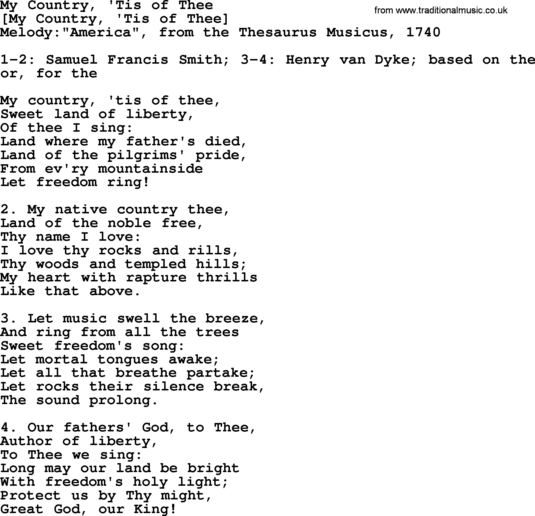 Old American Song: My Country, 'Tis Of Thee, lyrics
