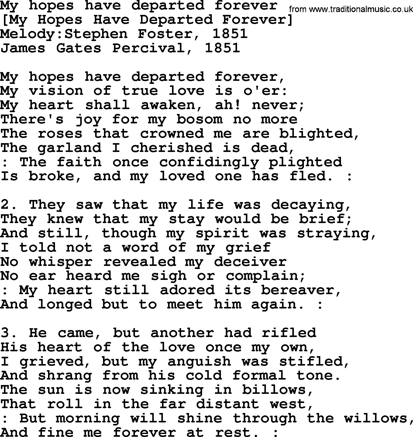 Old American Song: My Hopes Have Departed Forever, lyrics
