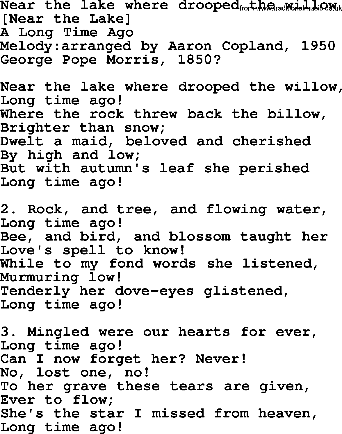 Old American Song: Near The Lake Where Drooped The Willow, lyrics