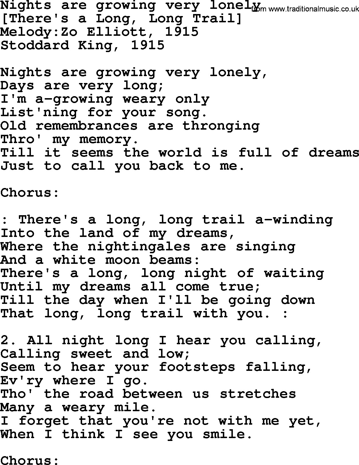 Old American Song: Nights Are Growing Very Lonely, lyrics