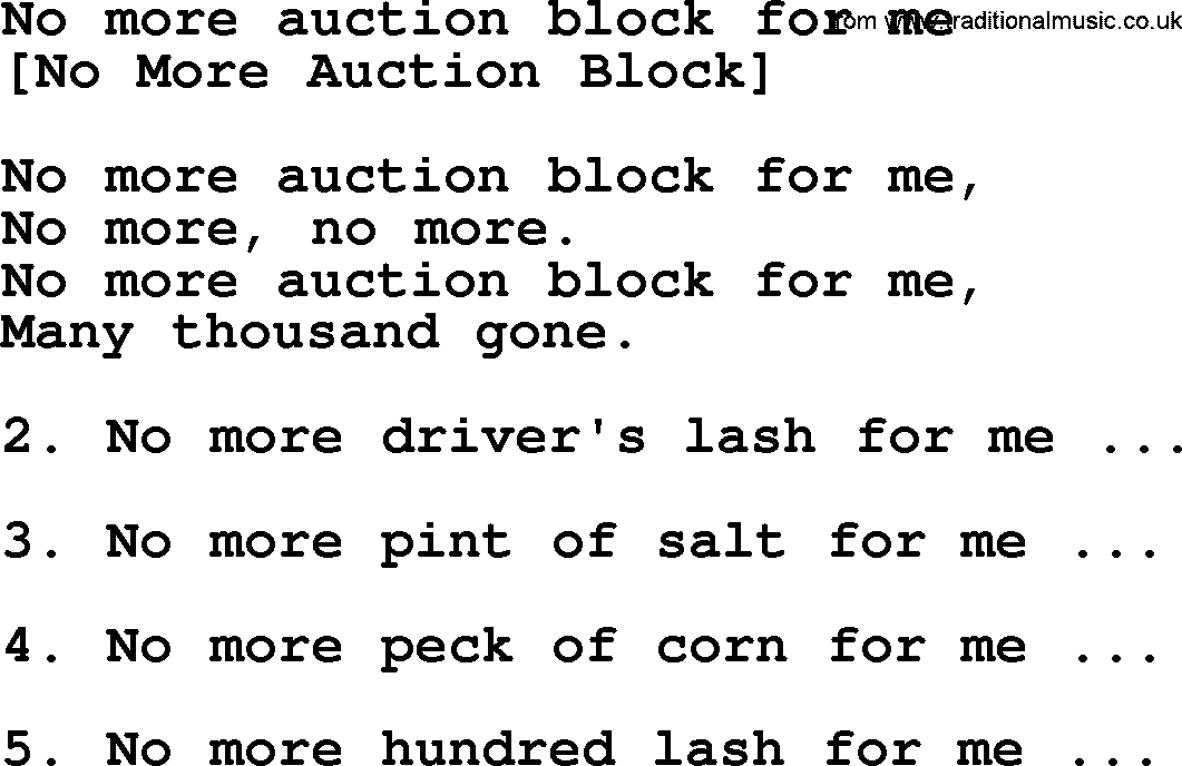 Old American Song: No More Auction Block For Me, lyrics