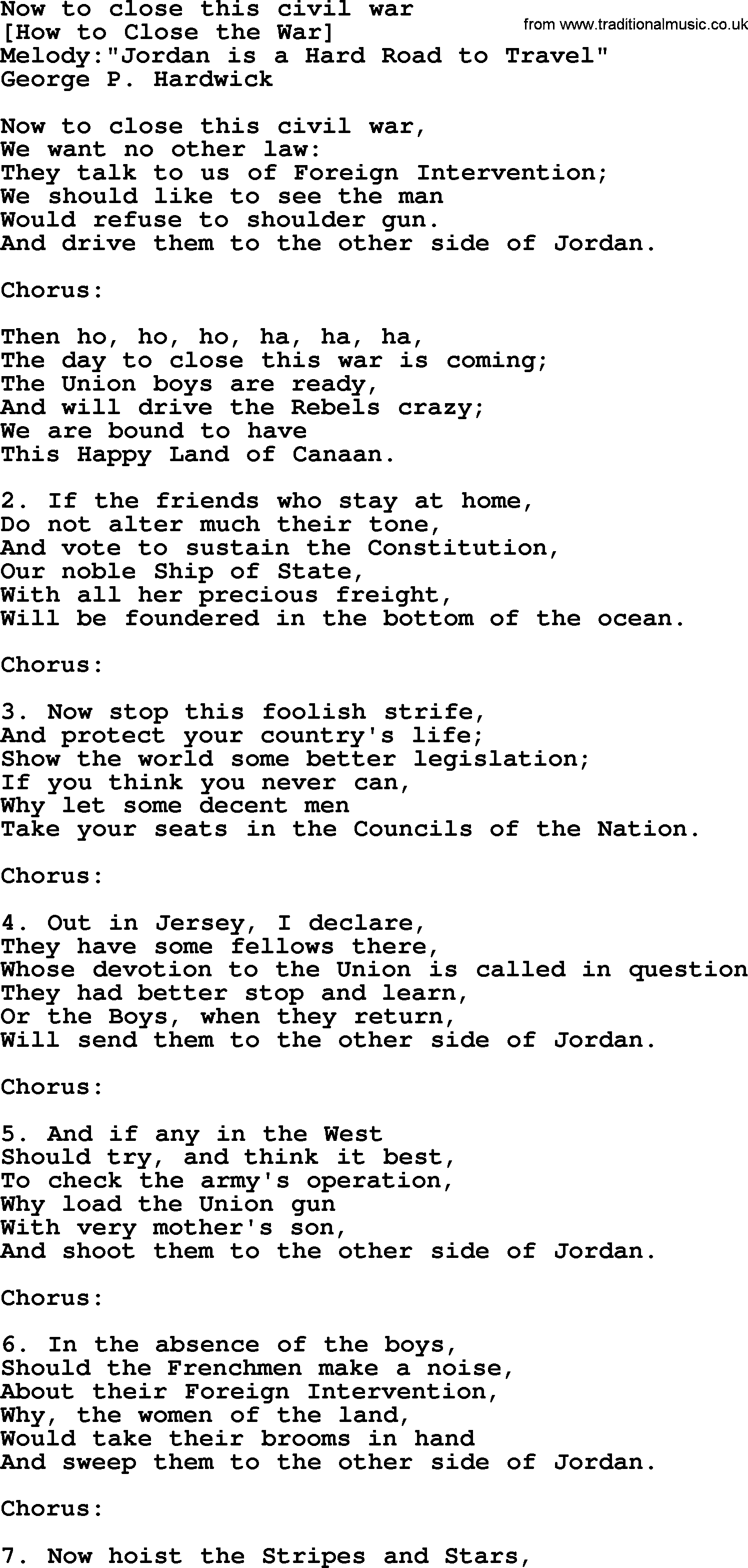 Old American Song: Now To Close This Civil War, lyrics