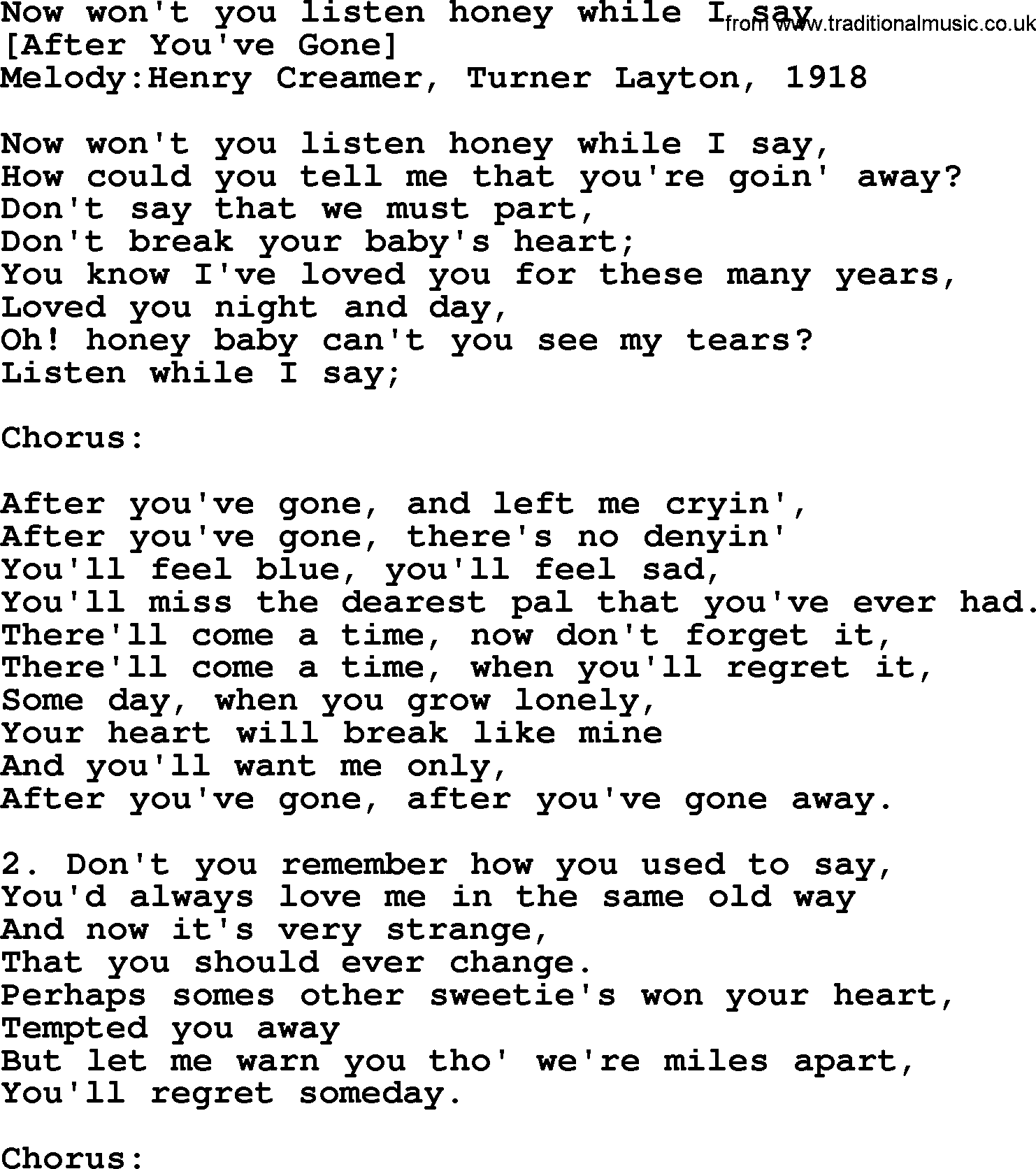 Old American Song: Now Won't You Listen Honey While I Say, lyrics