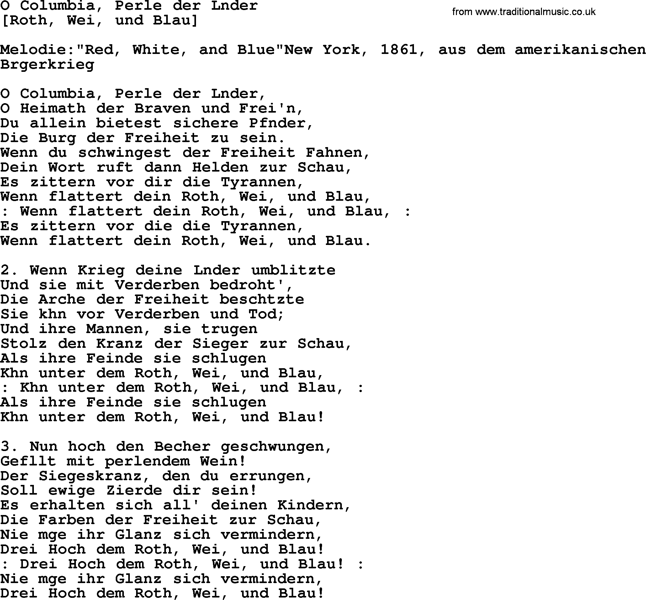 Old American Song: O Columbia, Perle Der Länder, lyrics