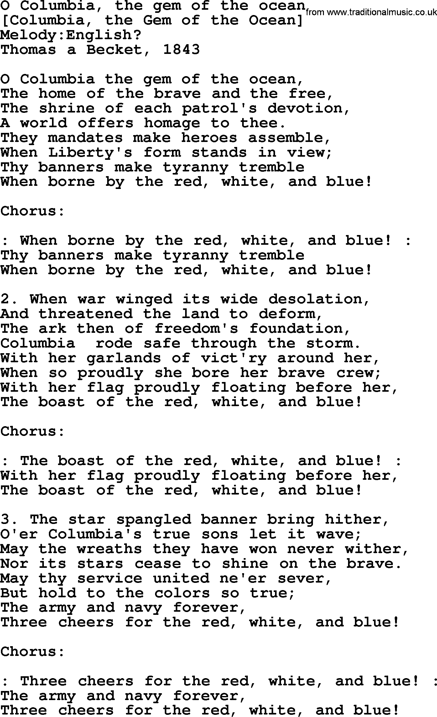 Old American Song: O Columbia, The Gem Of The Ocean, lyrics
