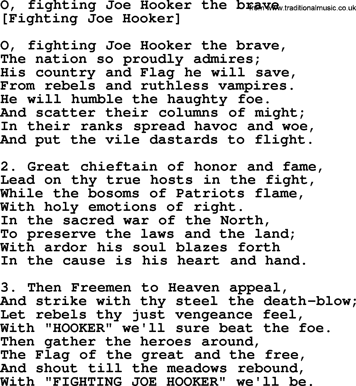 Old American Song: O, Fighting Joe Hooker The Brave, lyrics