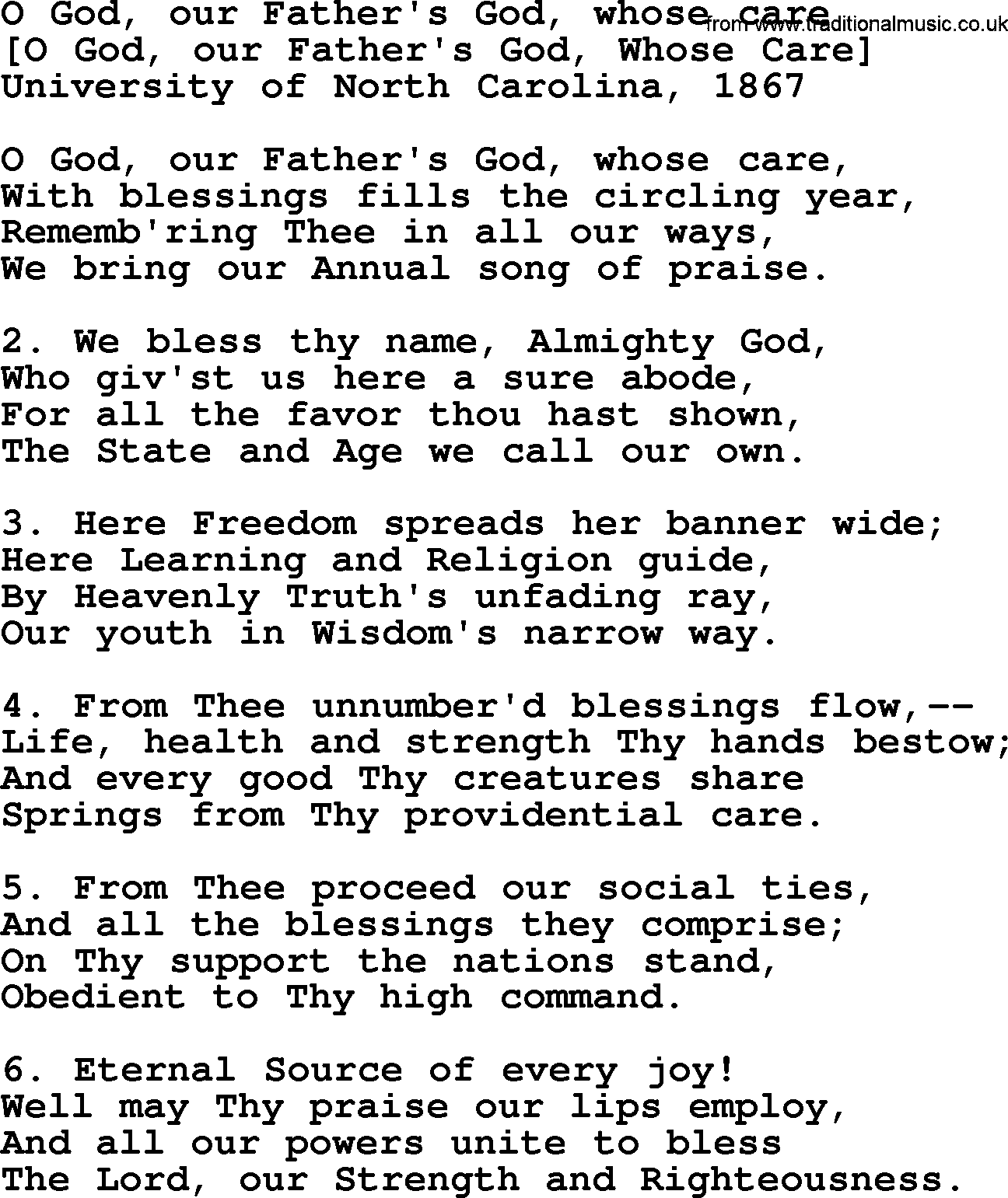 Old American Song: O God, Our Father's God, Whose Care, lyrics