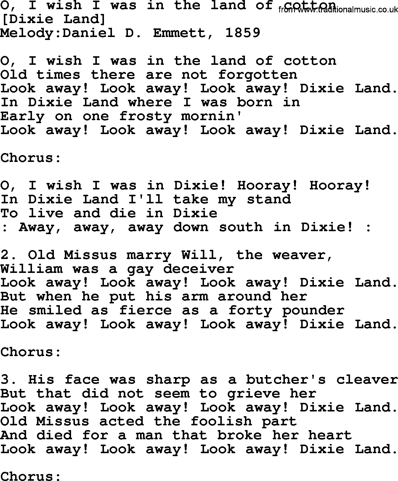 Old American Song: O, I Wish I Was In The Land Of Cotton, lyrics