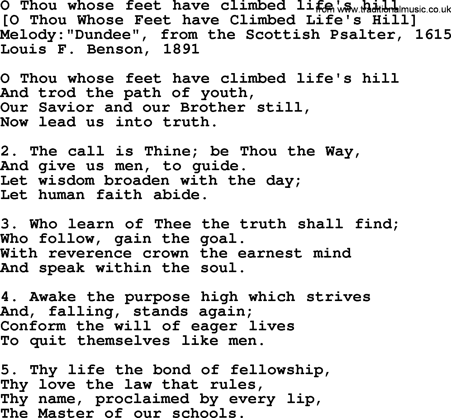 Old American Song: O Thou Whose Feet Have Climbed Life's Hill, lyrics