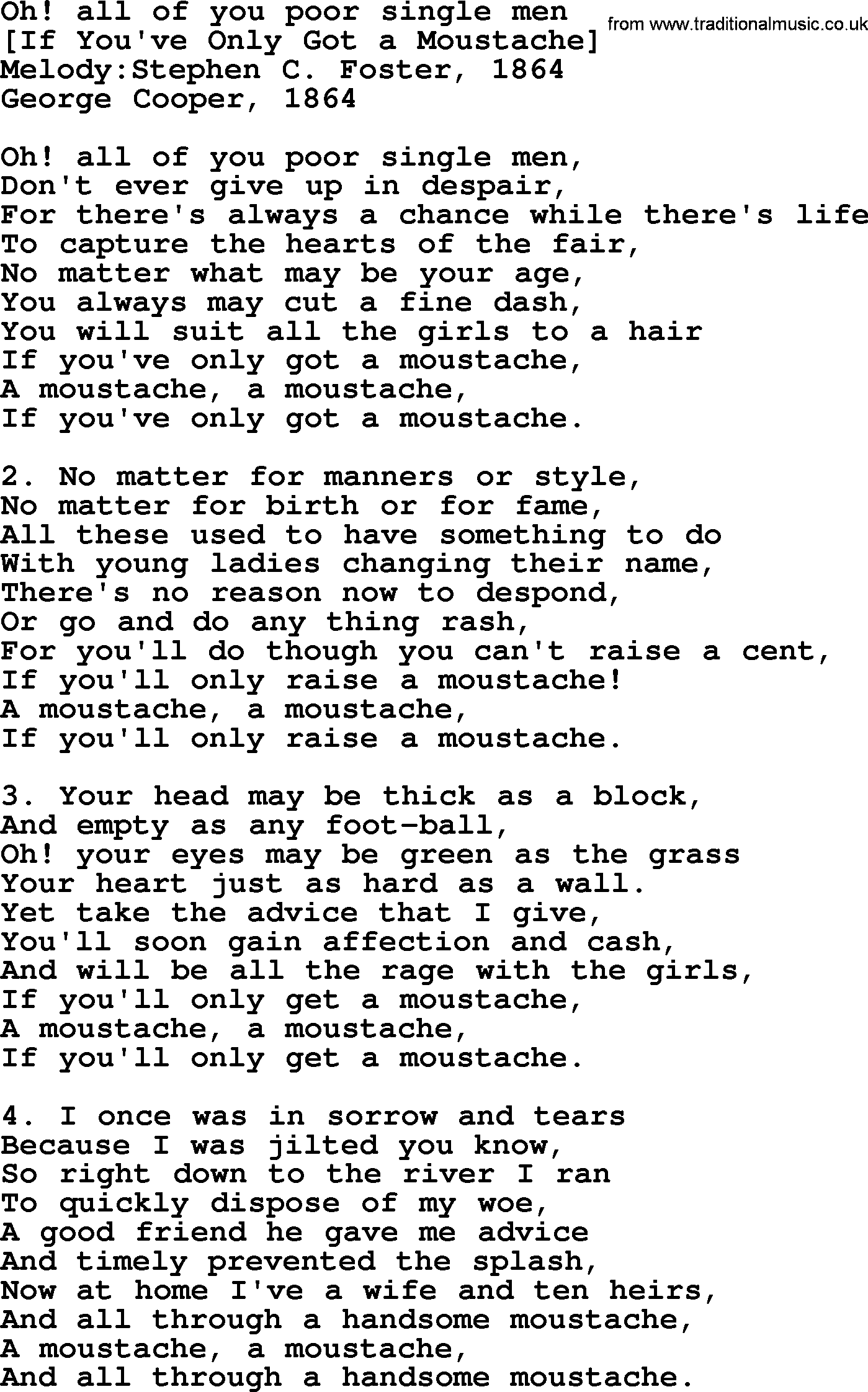 Old American Song: Oh! All Of You Poor Single Men, lyrics