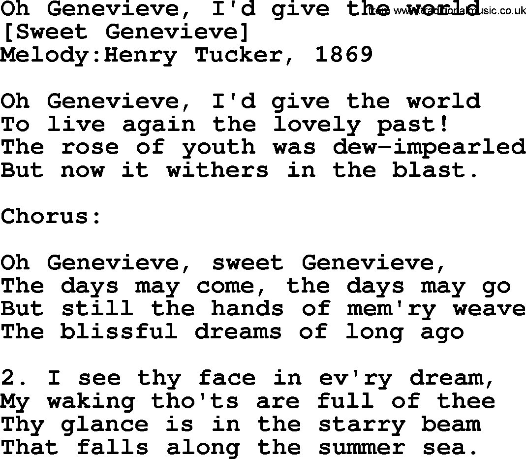 Old American Song: Oh Genevieve, I'd Give The World, lyrics