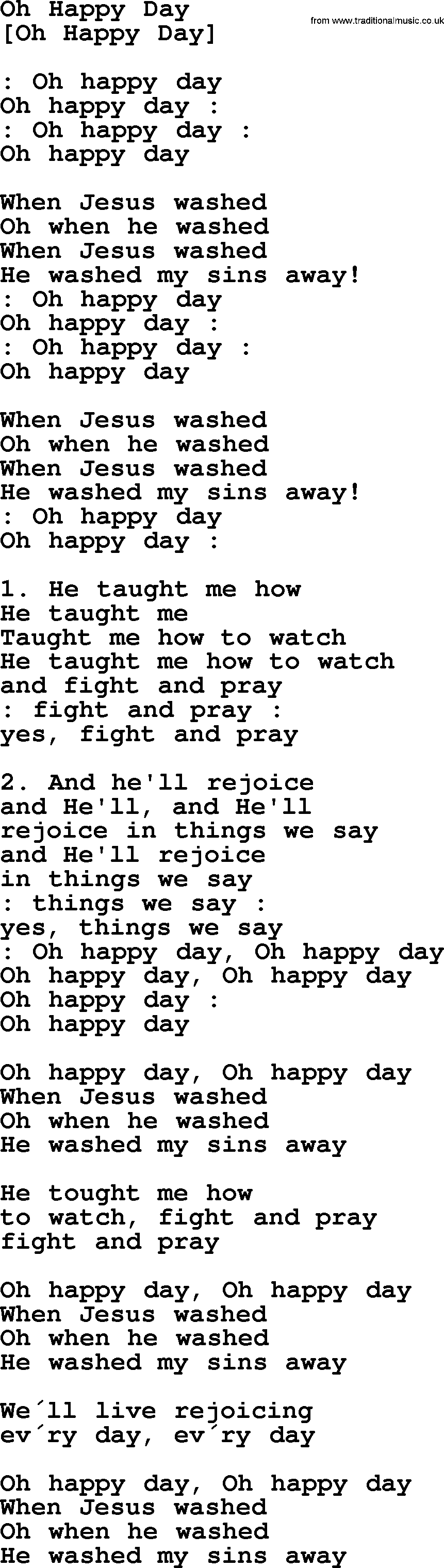 Old American Song: Oh Happy Day, lyrics