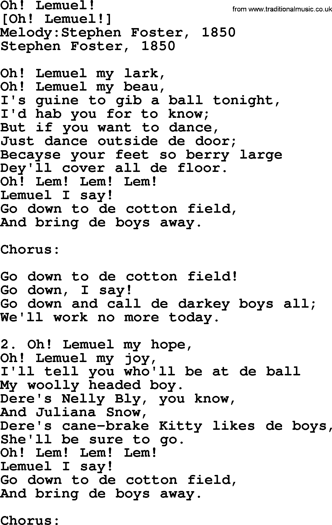 Old American Song: Oh! Lemuel!, lyrics