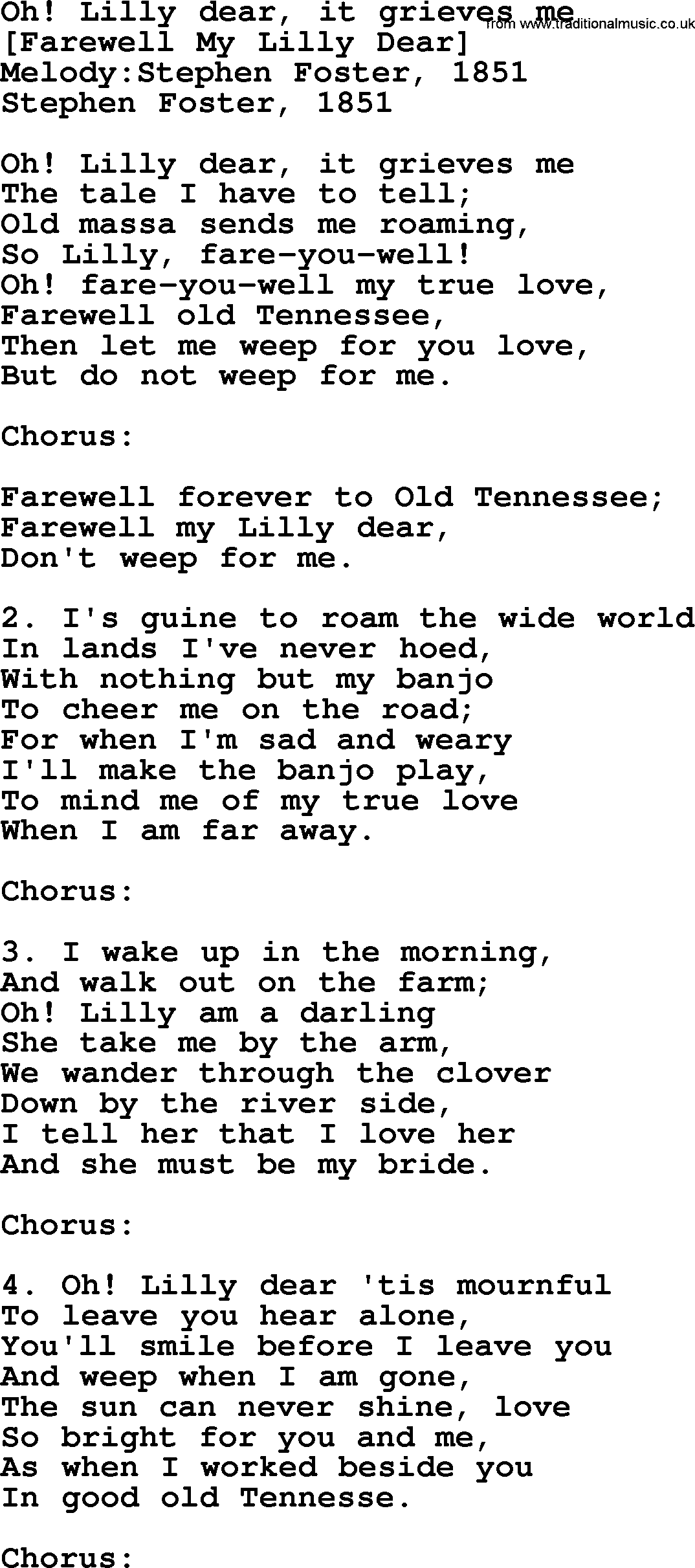 Old American Song: Oh! Lilly Dear, It Grieves Me, lyrics