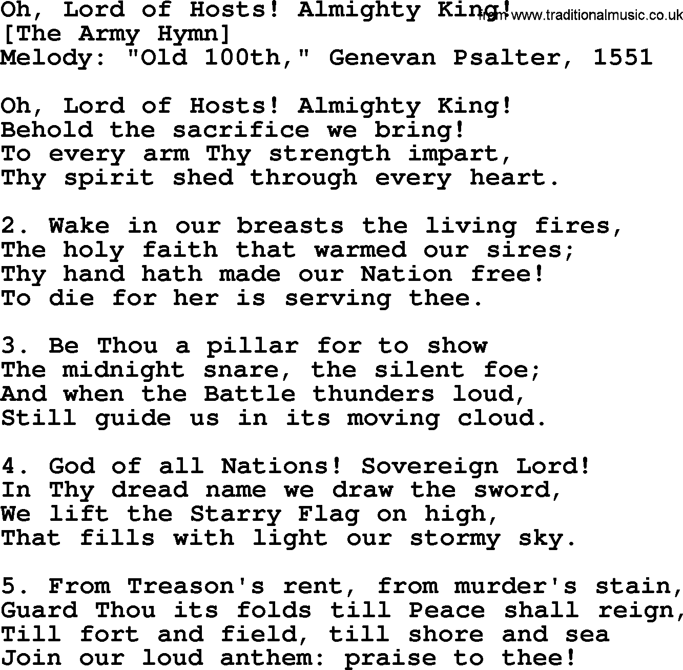 Old American Song: Oh, Lord Of Hosts! Almighty King!, lyrics