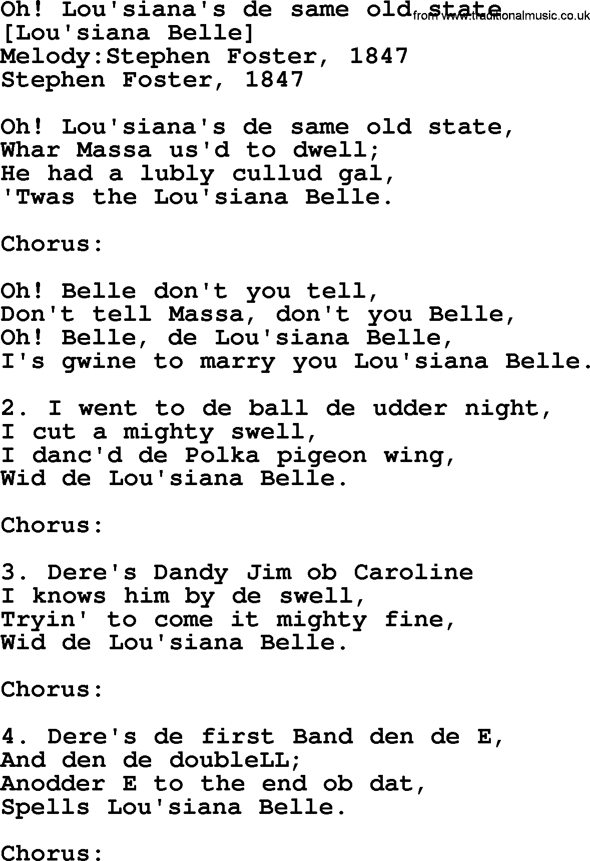 Old American Song: Oh! Lou'siana's De Same Old State, lyrics
