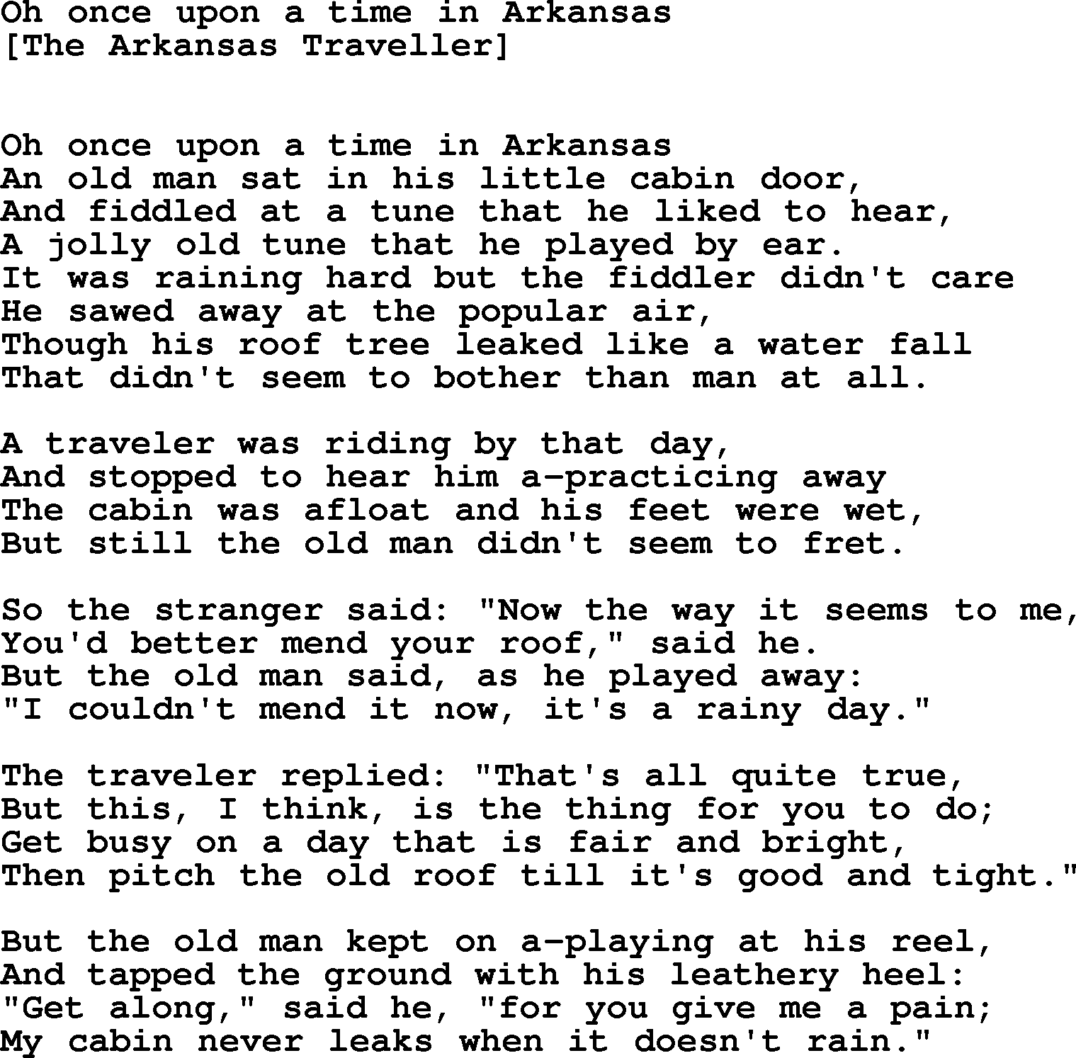 Old American Song - Lyrics for: Oh Once Upon A Time In Arkansas, with PDF