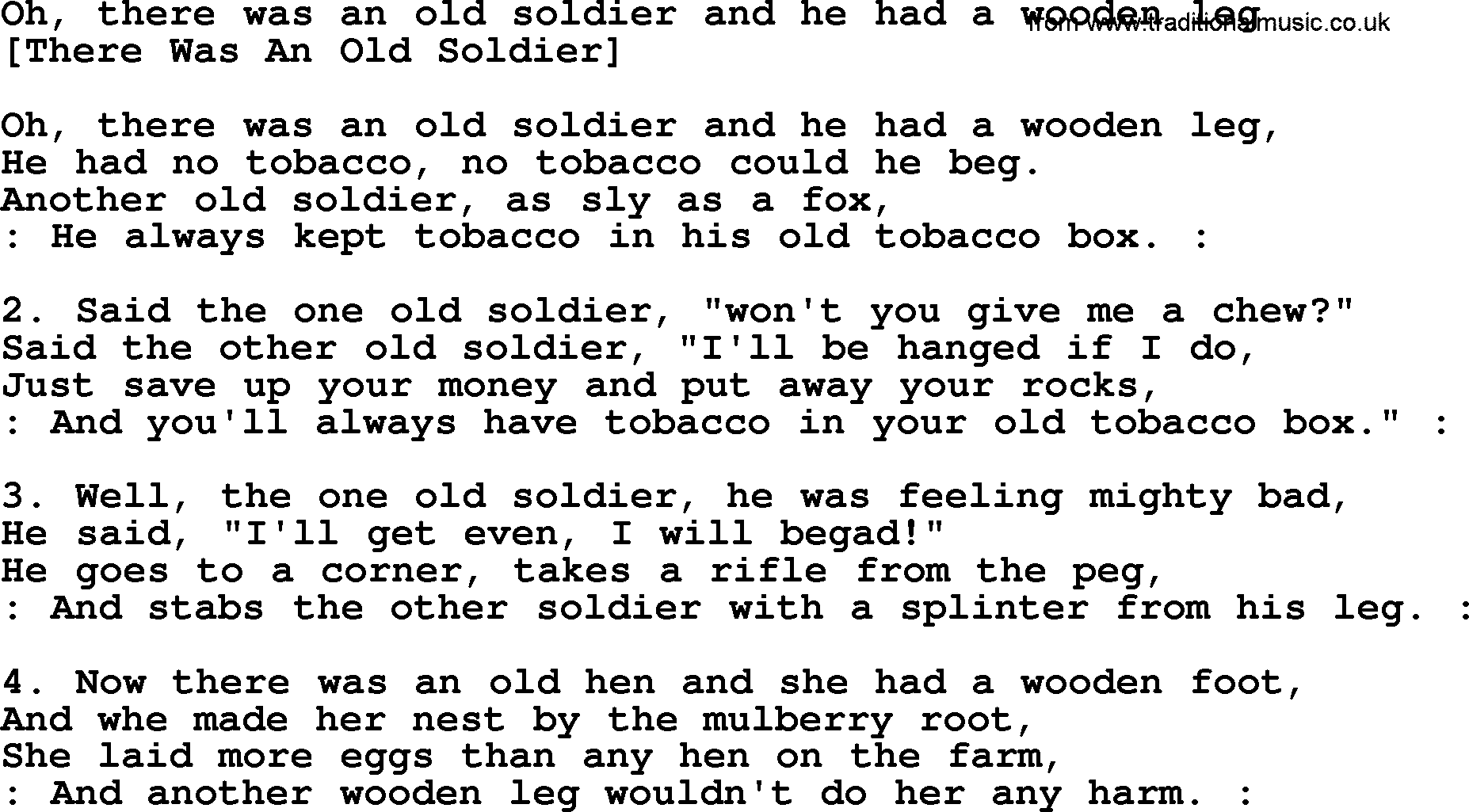 Old American Song: Oh, There Was An Old Soldier And He Had A Wooden Leg, lyrics