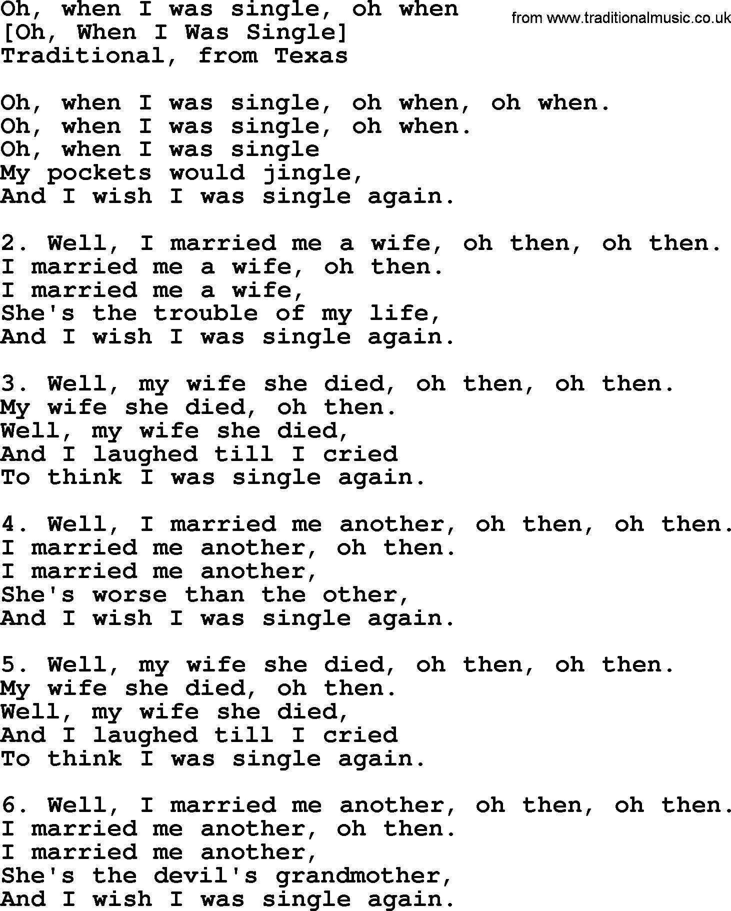 Old American Song: Oh, When I Was Single, Oh When, lyrics