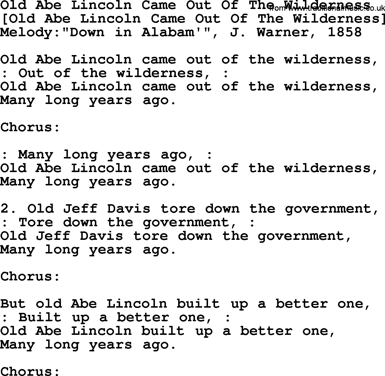 Old American Song: Old Abe Lincoln Came Out Of The Wilderness, lyrics