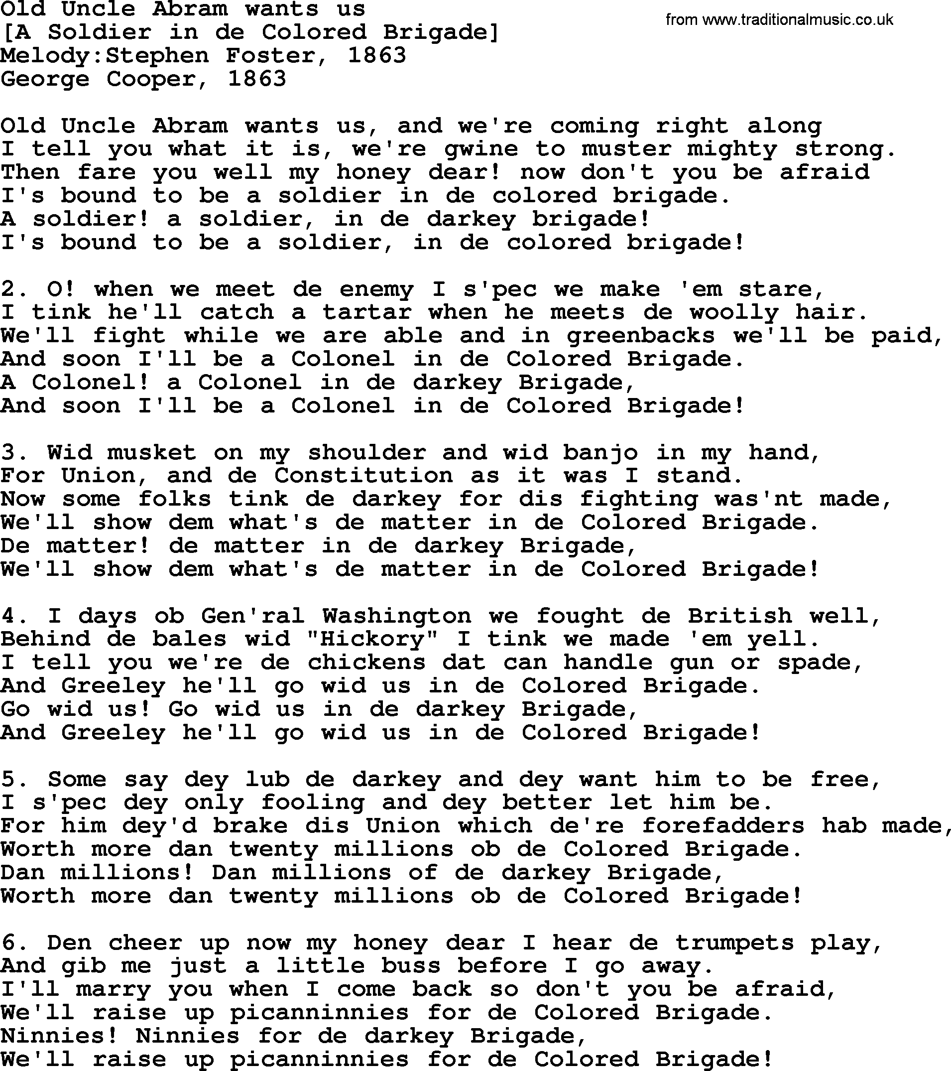 Old American Song: Old Uncle Abram Wants Us, lyrics