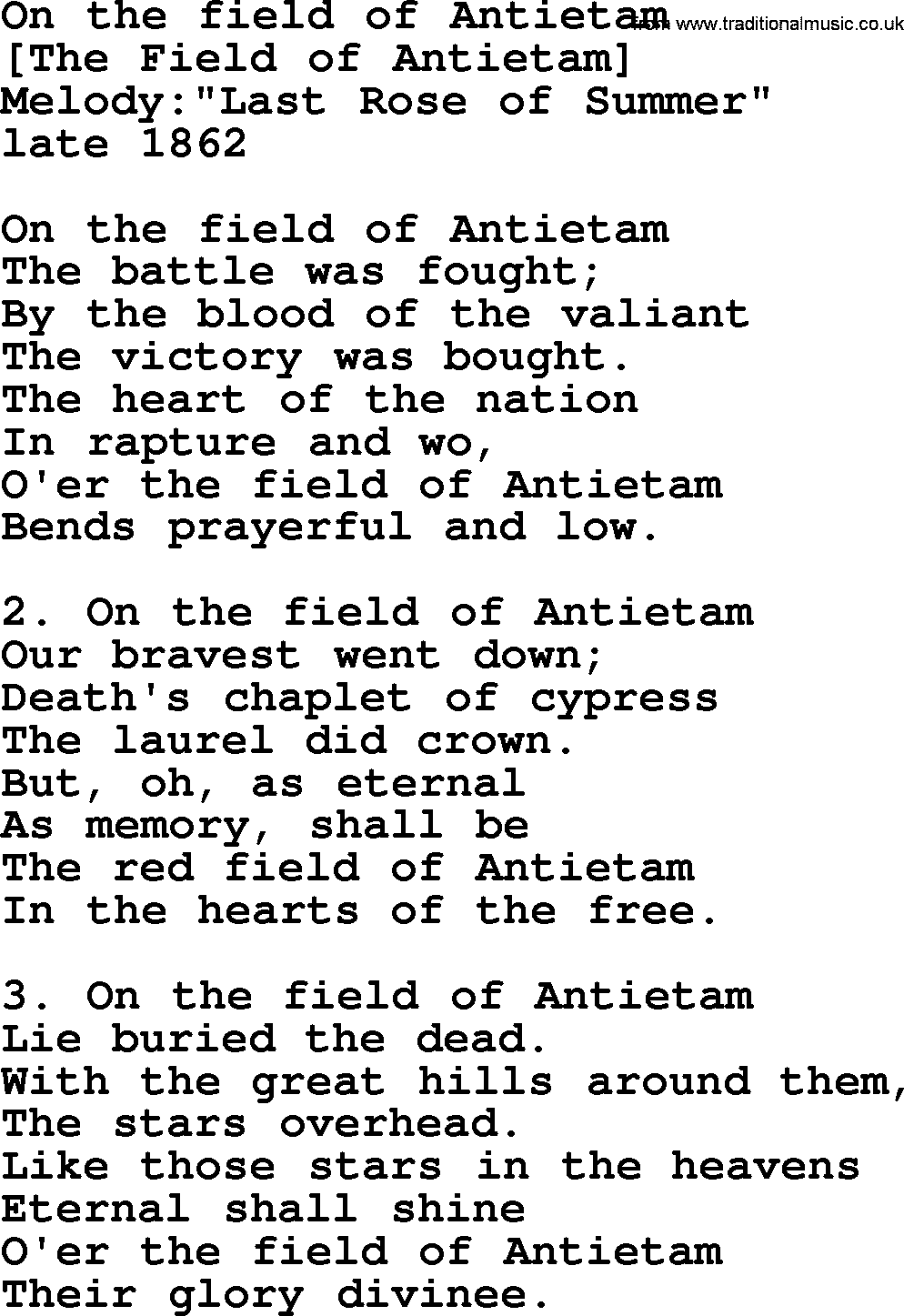 Old American Song: On The Field Of Antietam, lyrics