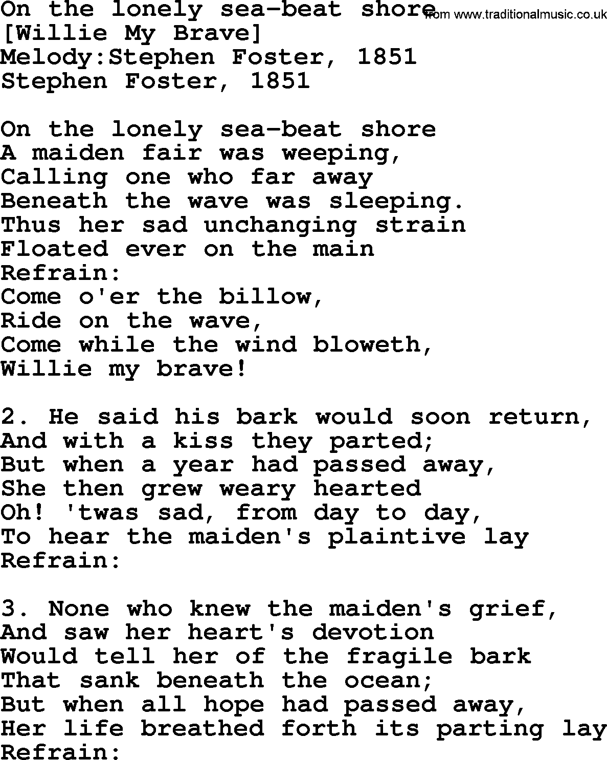 Old American Song: On The Lonely Sea-Beat Shore, lyrics