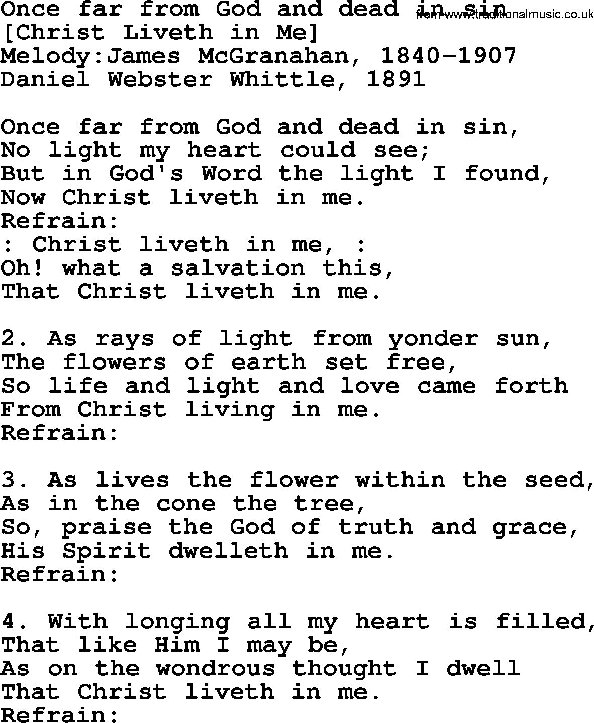 Old American Song: Once Far From God And Dead In Sin, lyrics