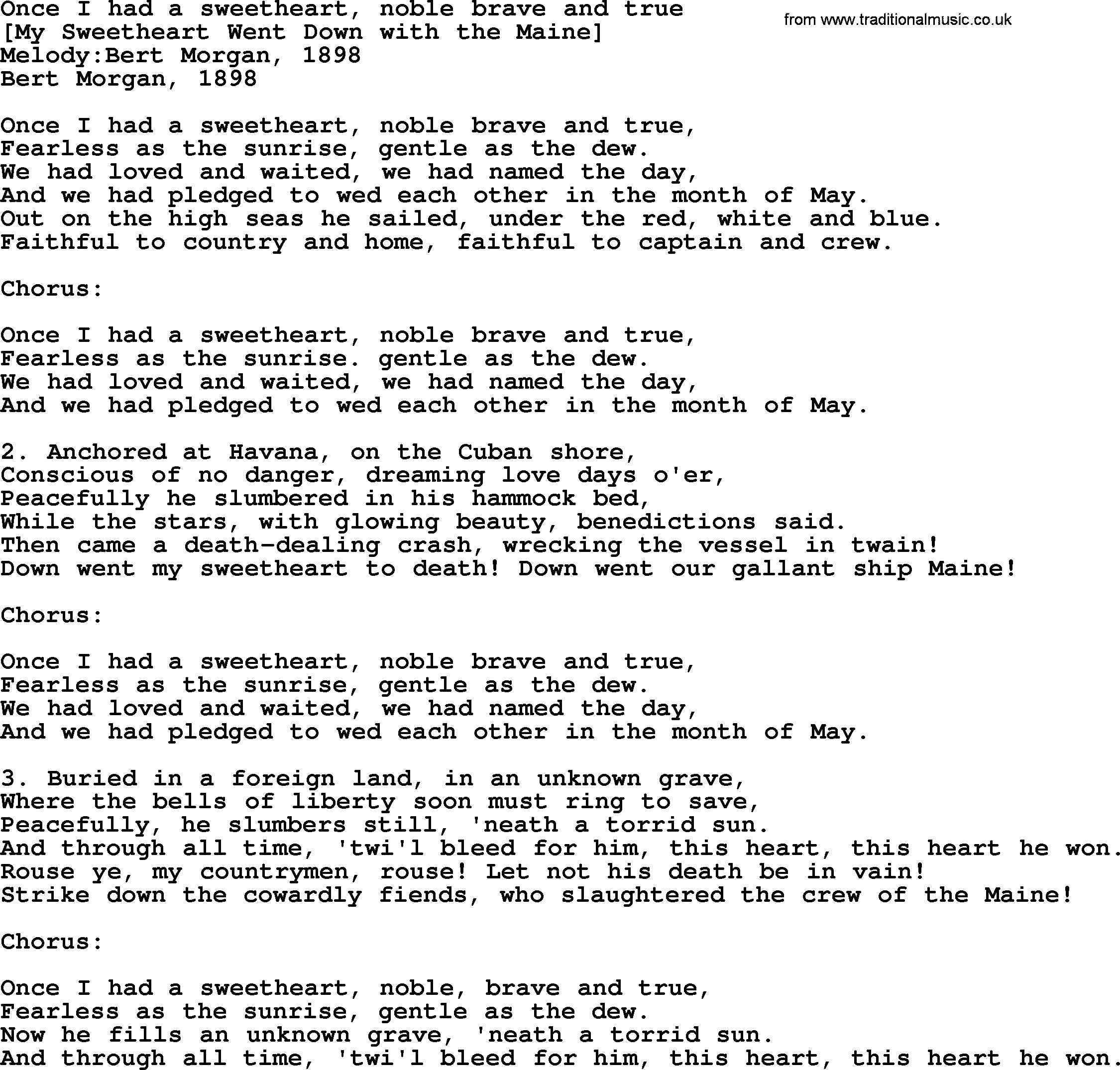 Old American Song: Once I Had A Sweetheart, Noble Brave And True, lyrics