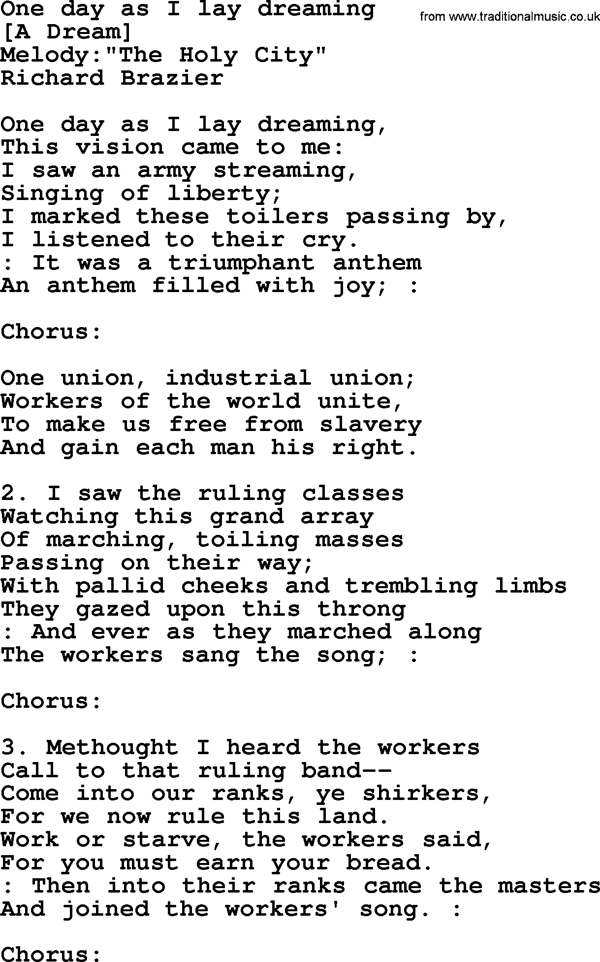 Old American Song: One Day As I Lay Dreaming, lyrics