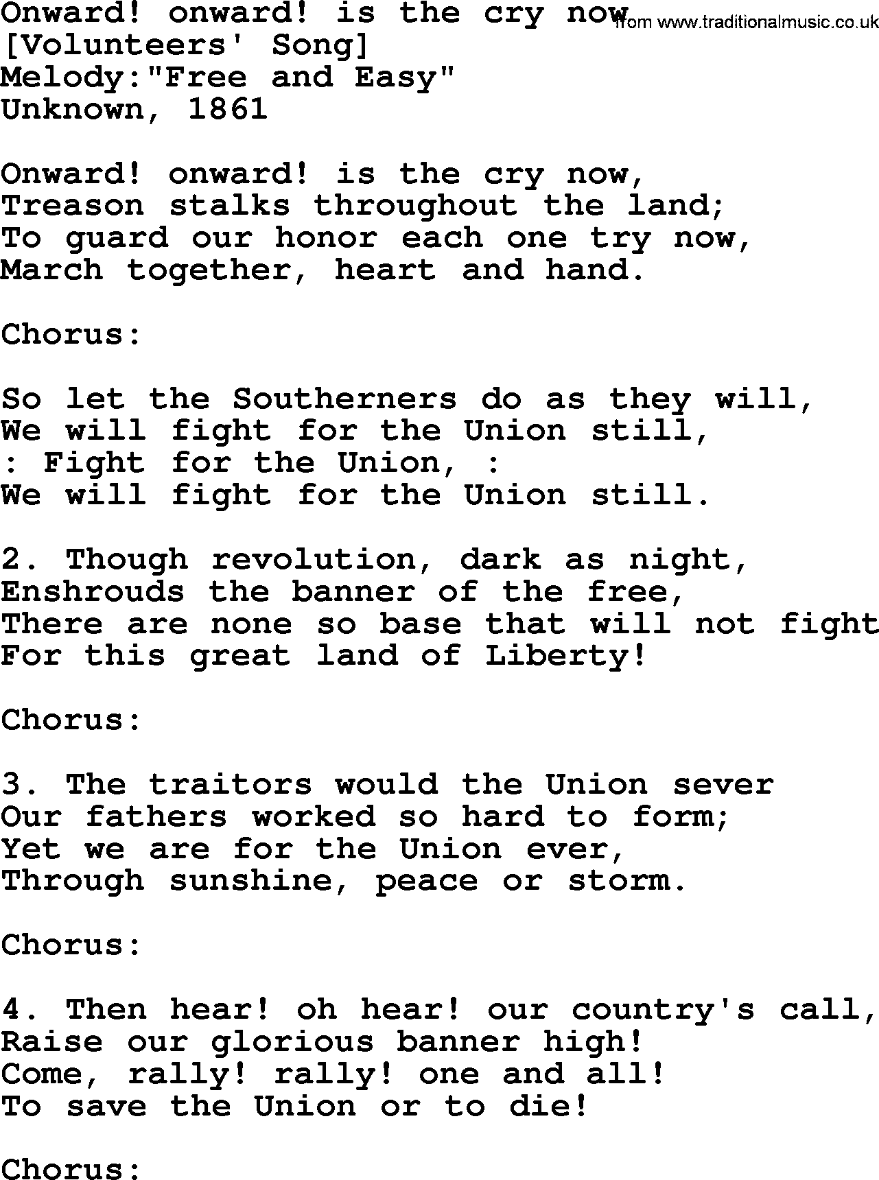 Old American Song: Onward! Onward! Is The Cry Now, lyrics
