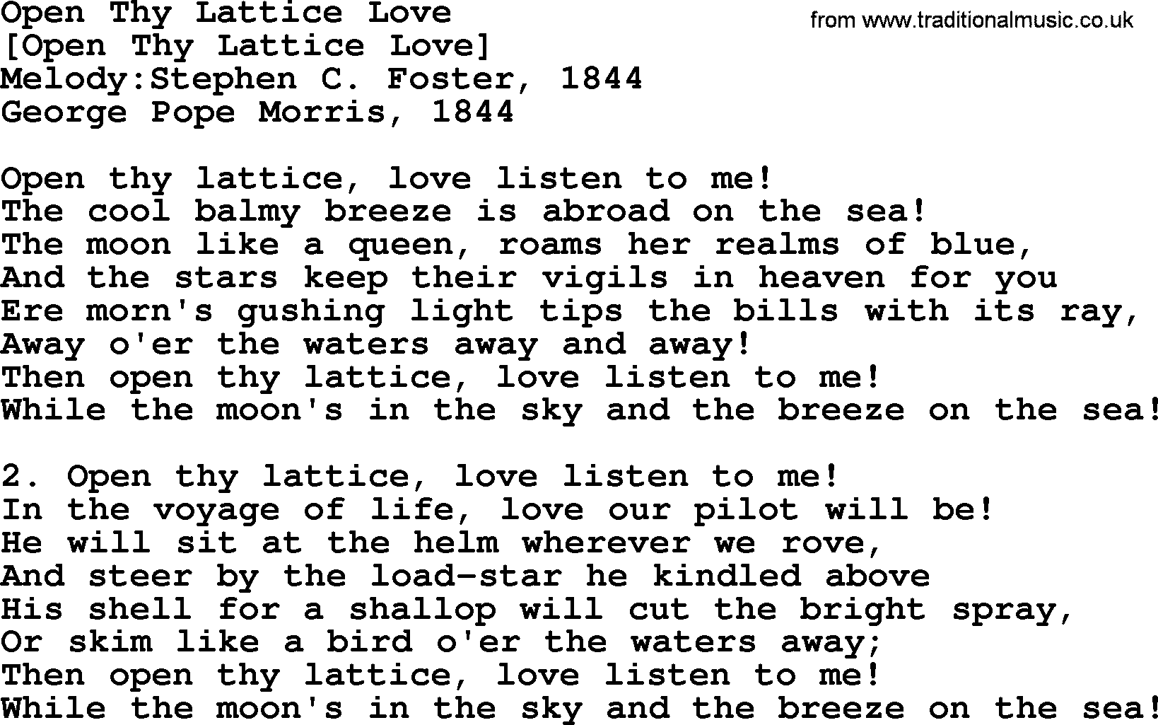Old American Song: Open Thy Lattice Love, lyrics