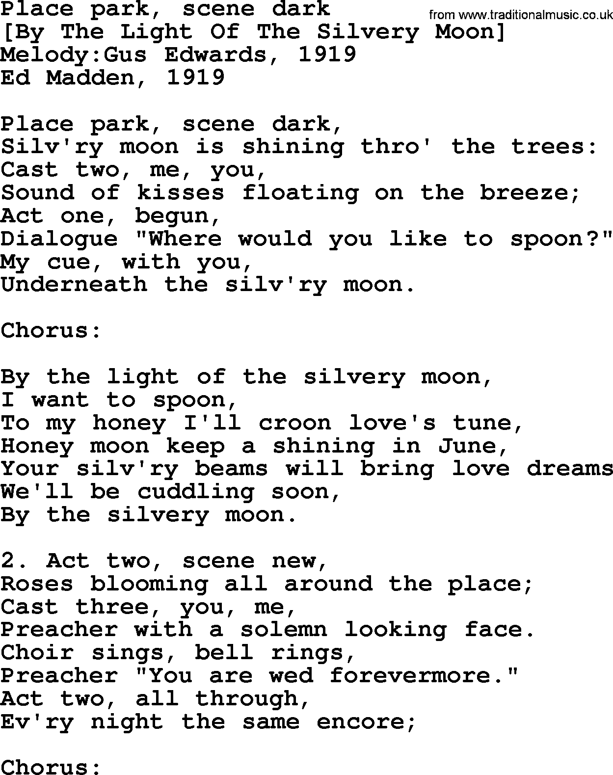 Old American Song: Place Park, Scene Dark, lyrics