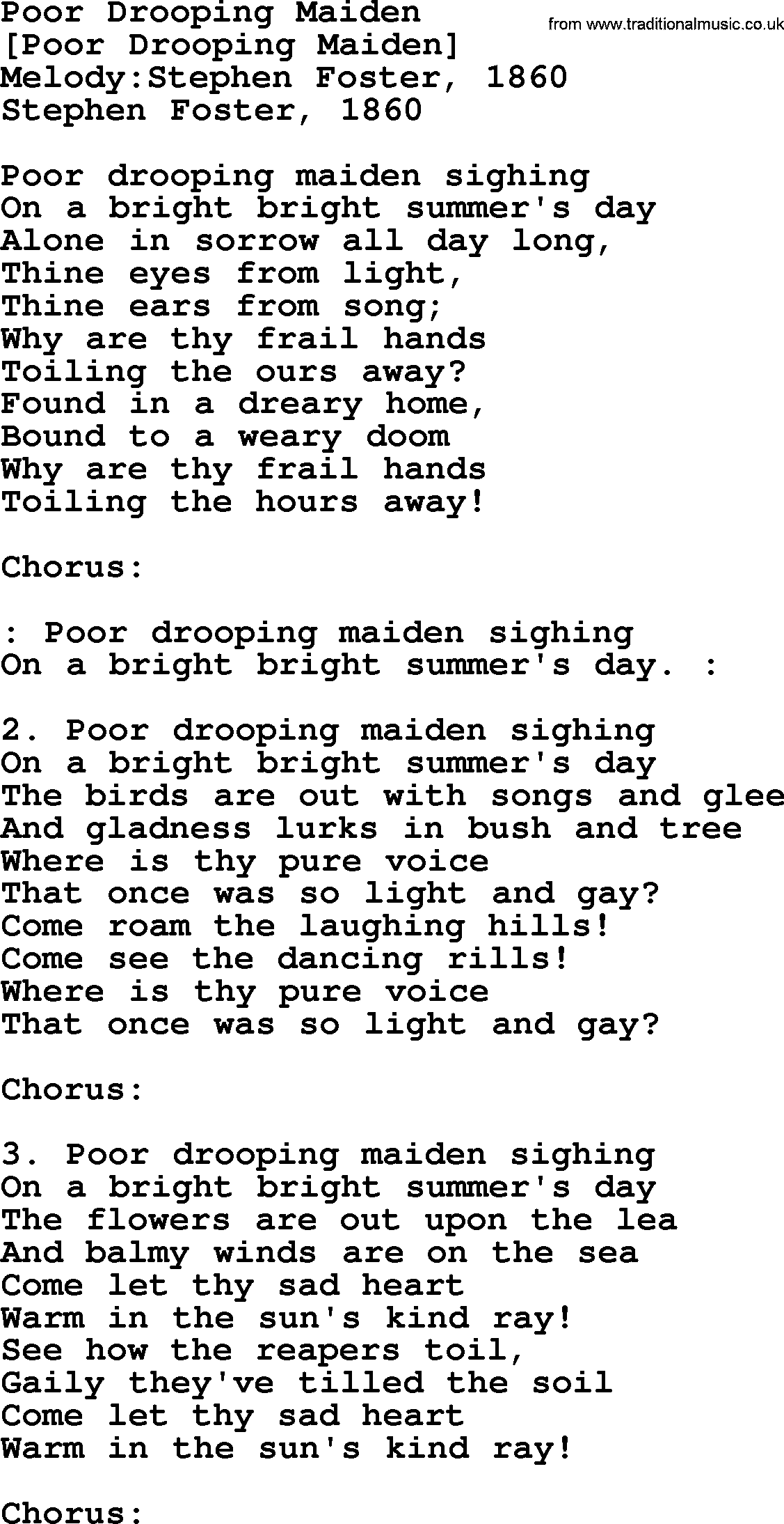 Old American Song: Poor Drooping Maiden, lyrics