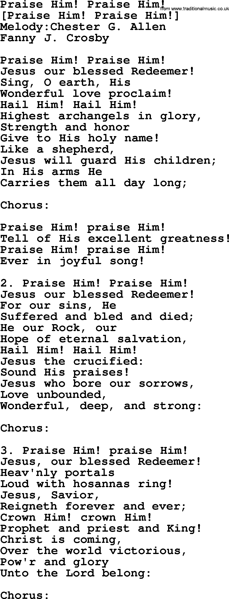 Old American Song: Praise Him! Praise Him!, lyrics