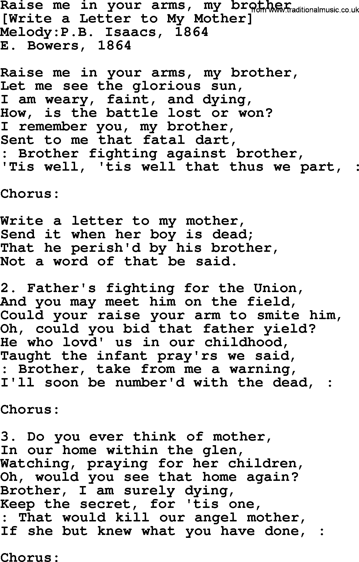 Old American Song: Raise Me In Your Arms, My Brother, lyrics