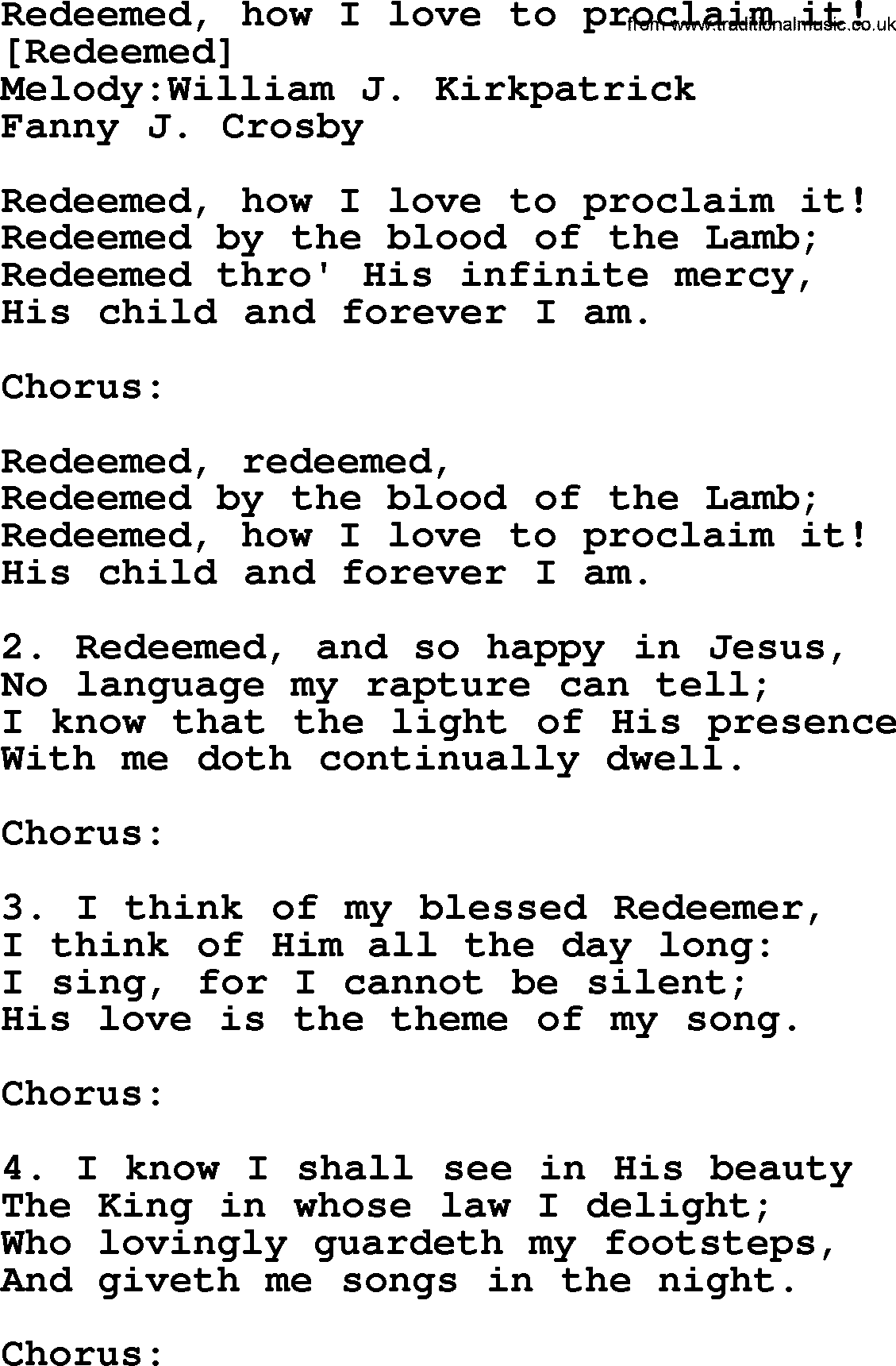 Old American Song: Redeemed, How I Love To Proclaim It!, lyrics