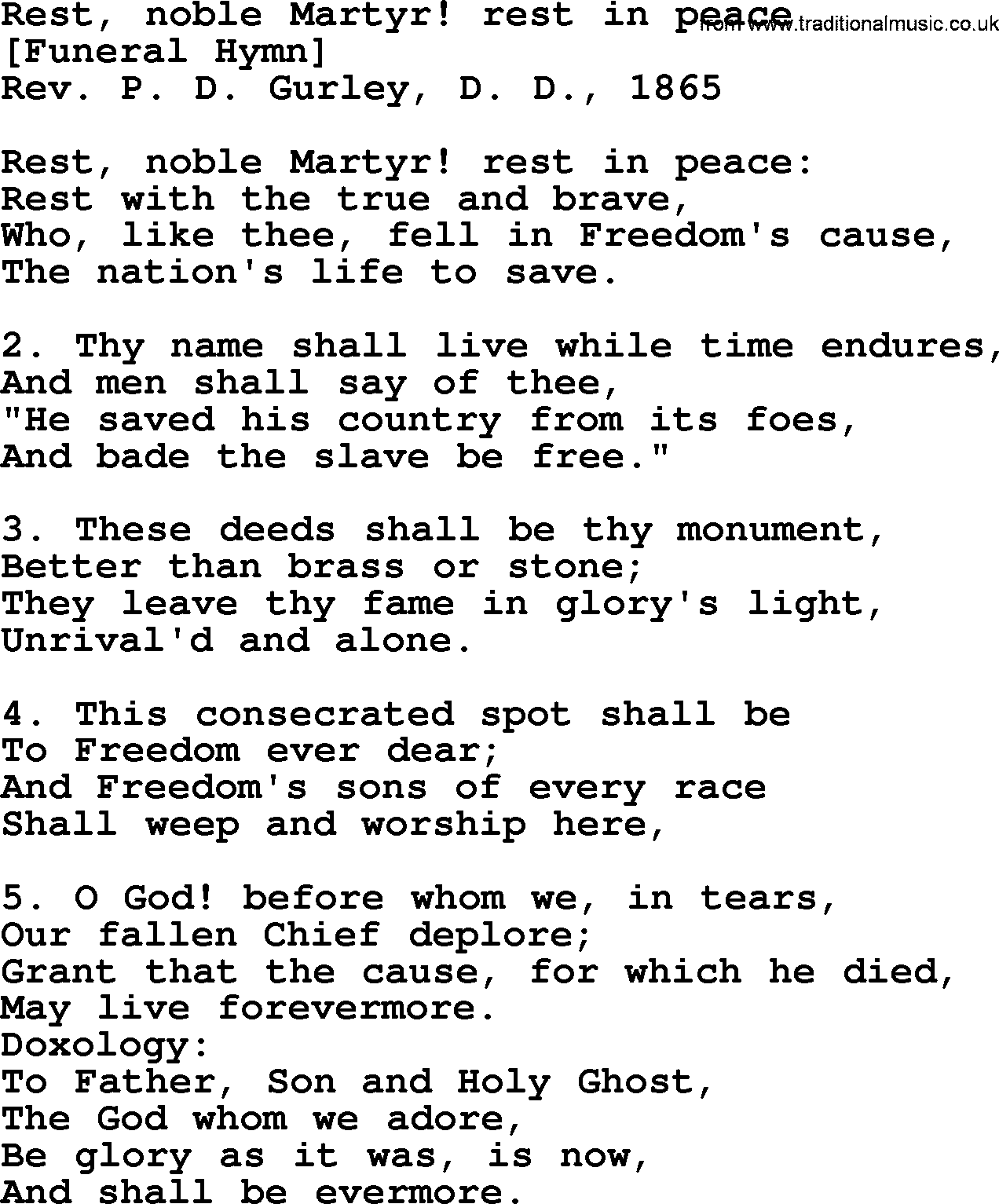 Old American Song: Rest, Noble Martyr! Rest In Peace, lyrics