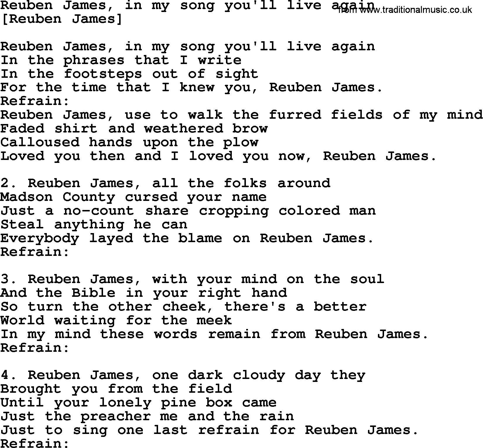 Old American Song: Reuben James, In My Song You'll Live Again, lyrics