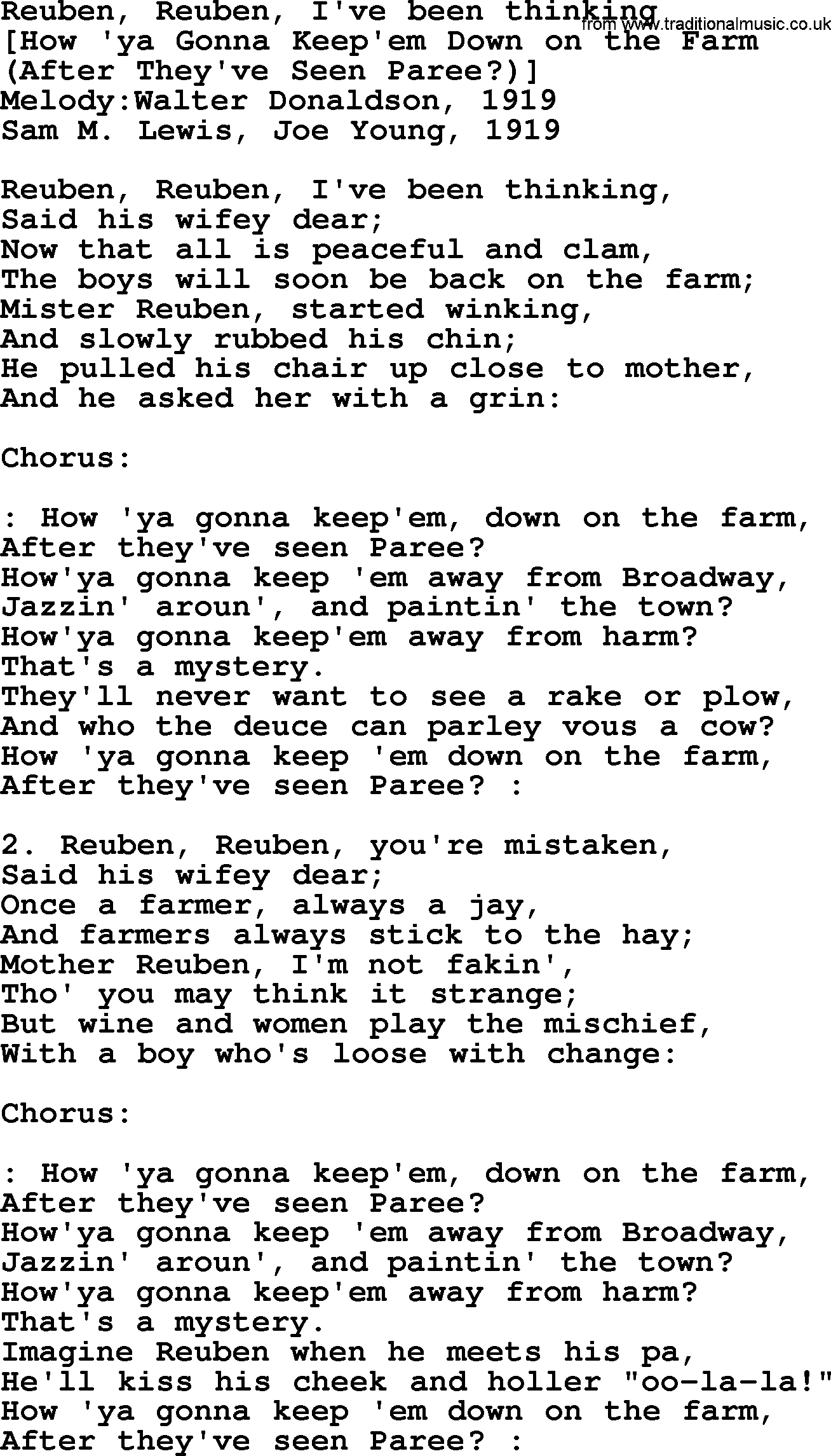 Old American Song: Reuben, Reuben, I've Been Thinking, lyrics