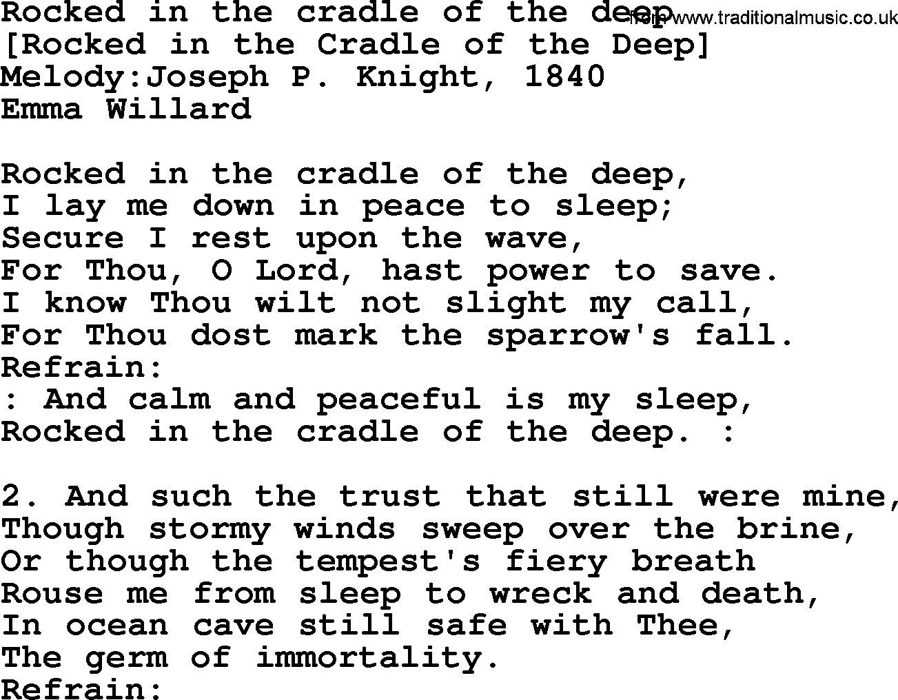 Old American Song: Rocked In The Cradle Of The Deep, lyrics
