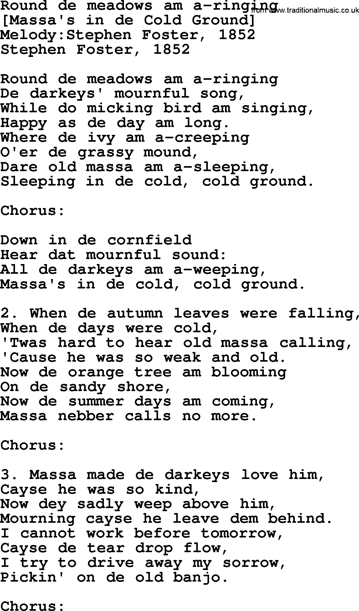Old American Song: Round De Meadows Am A-Ringing, lyrics