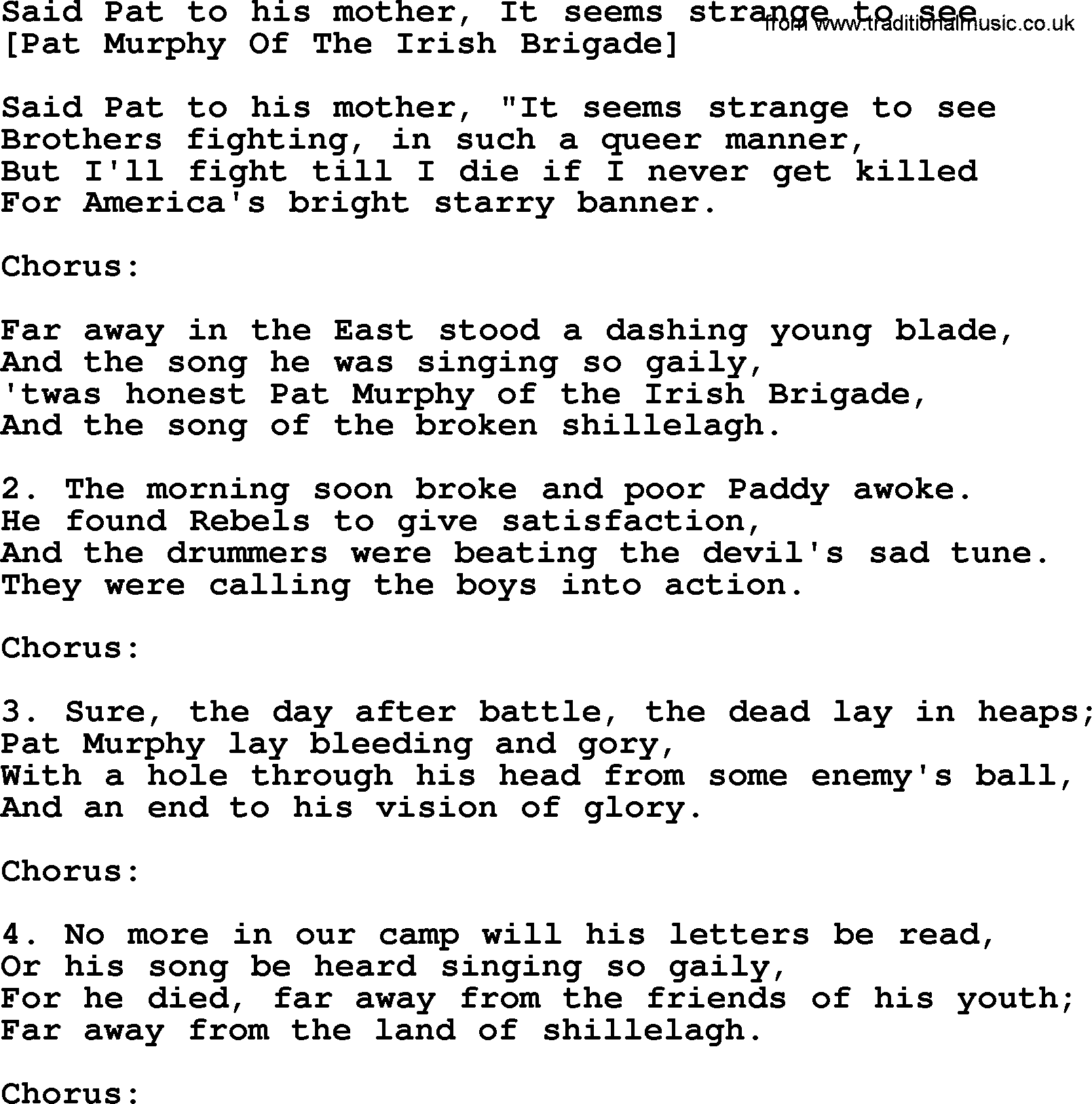 Old American Song: Said Pat To His Mother, It Seems Strange To See, lyrics