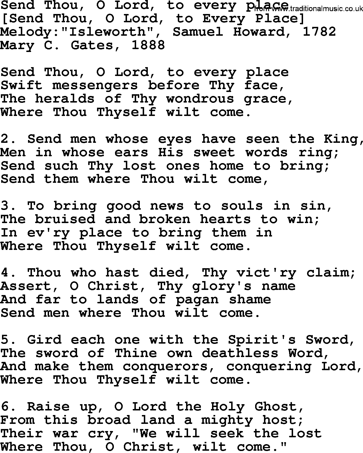 Old American Song: Send Thou, O Lord, To Every Place, lyrics