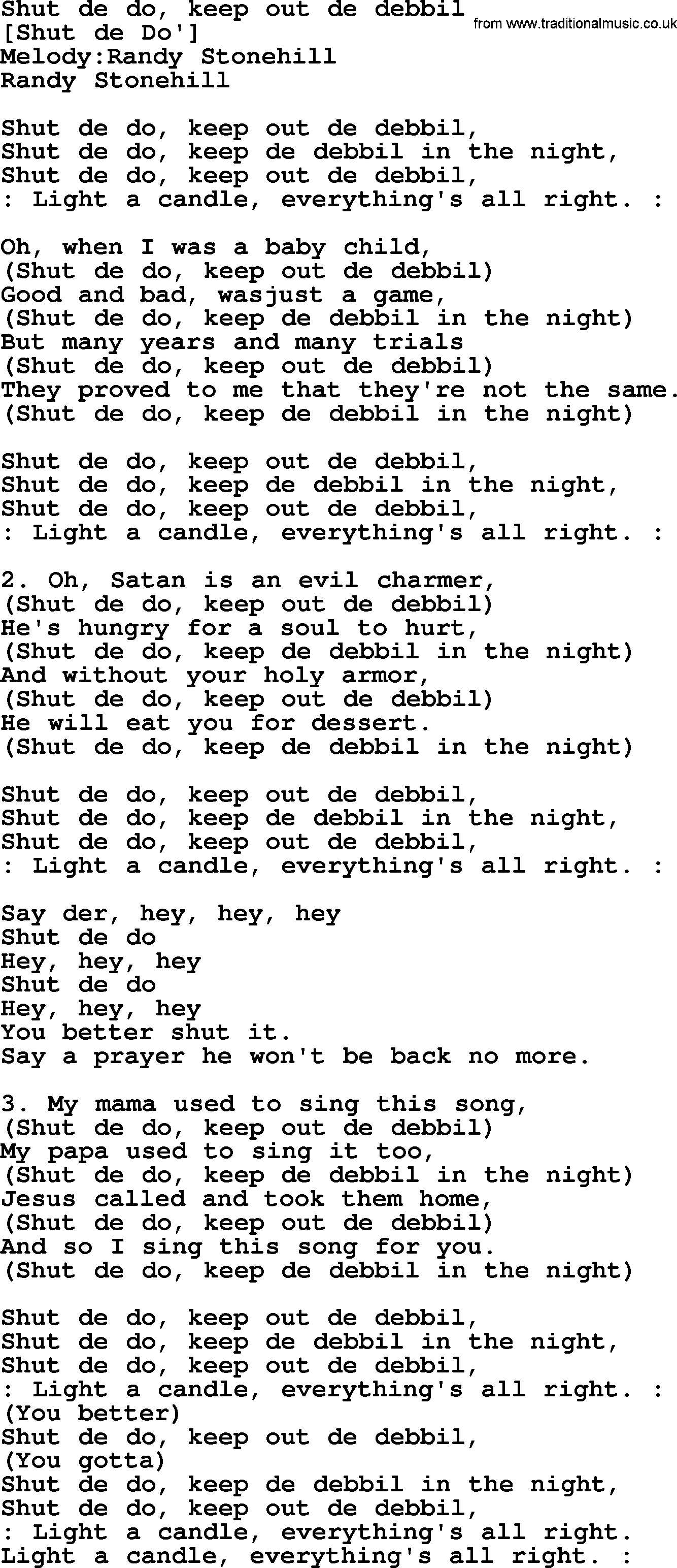 Old American Song: Shut De Do, Keep Out De Debbil, lyrics