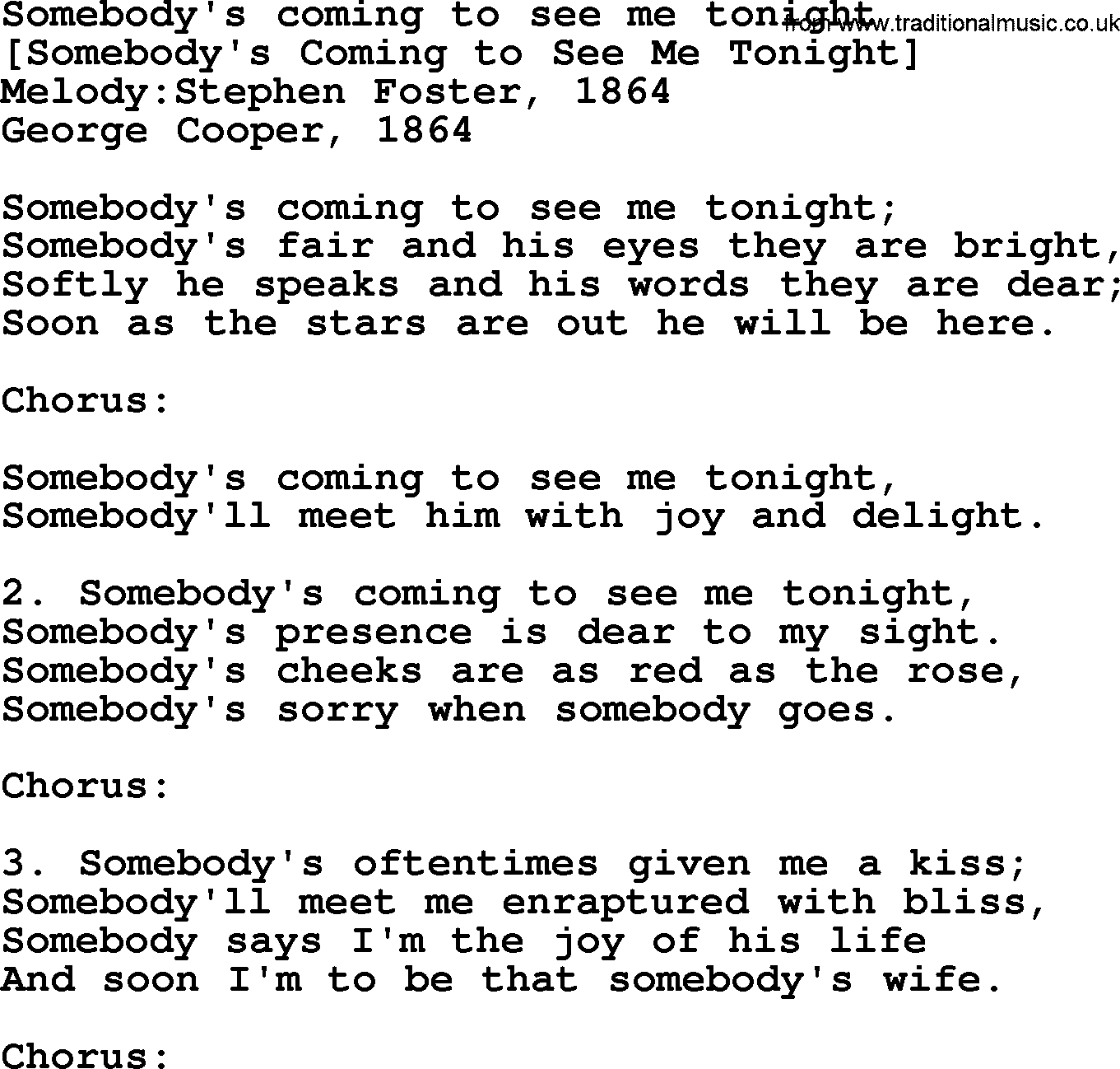 Old American Song: Somebody's Coming To See Me Tonight, lyrics