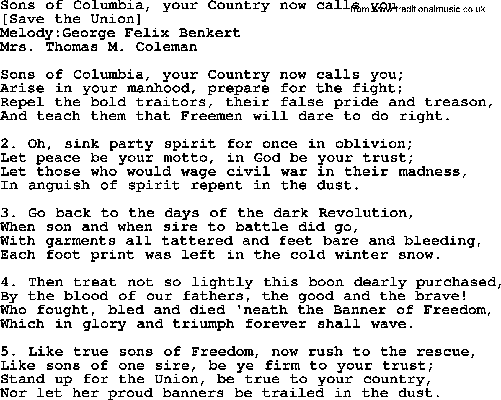 Old American Song: Sons Of Columbia, Your Country Now Calls You, lyrics