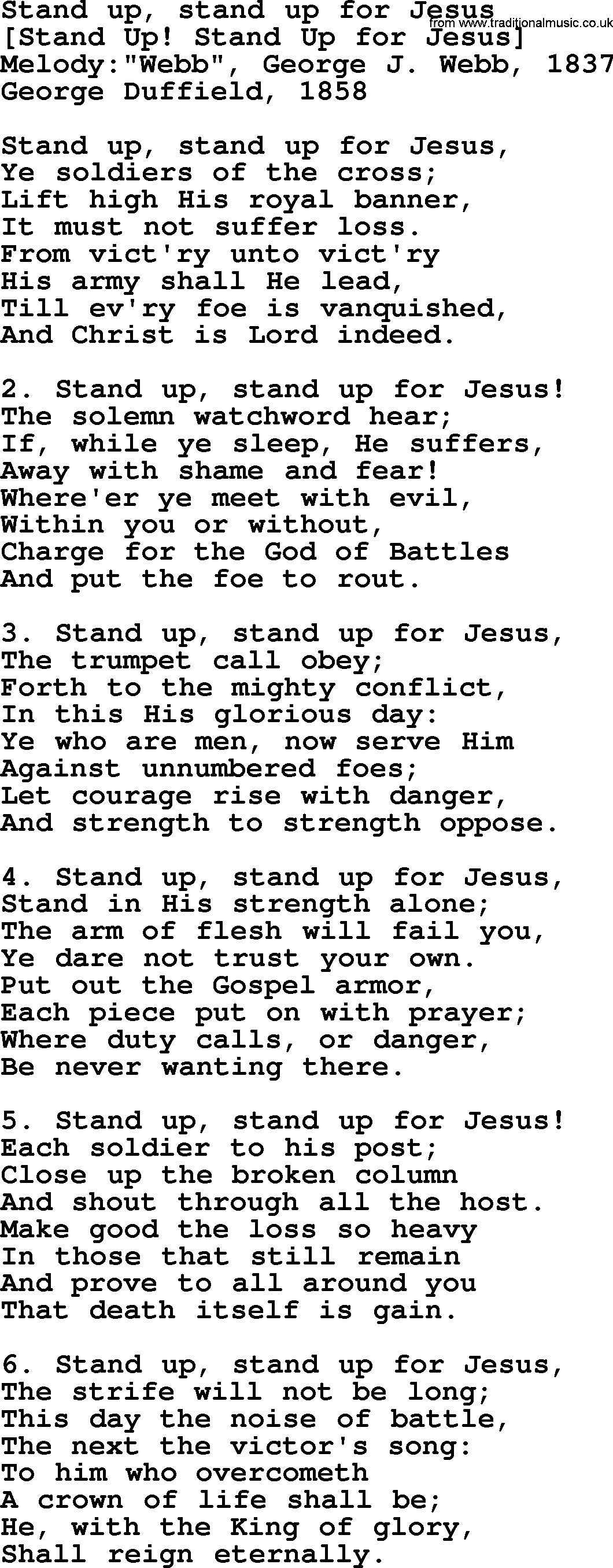 Old American Song: Stand Up, Stand Up For Jesus, lyrics